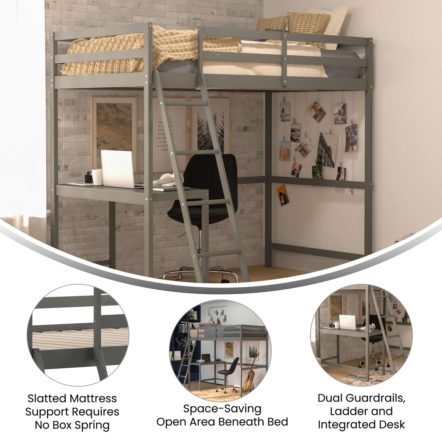 Emma and Oliver Ridley Twin Wood Loft Bed Frame with Protective Guardrails and Integrated Desk and Ladder for Use with Any 6-8&#x22; Thick Mattress