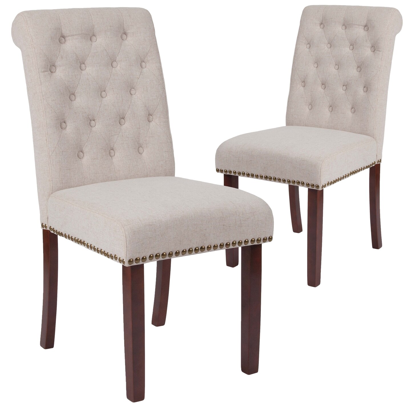 Emma and Oliver 2 PK Upholstered Rolled Back Parson&#x27;s Chair with Nailhead Trim &#x26; Finished Frame with Plastic Floor Glides
