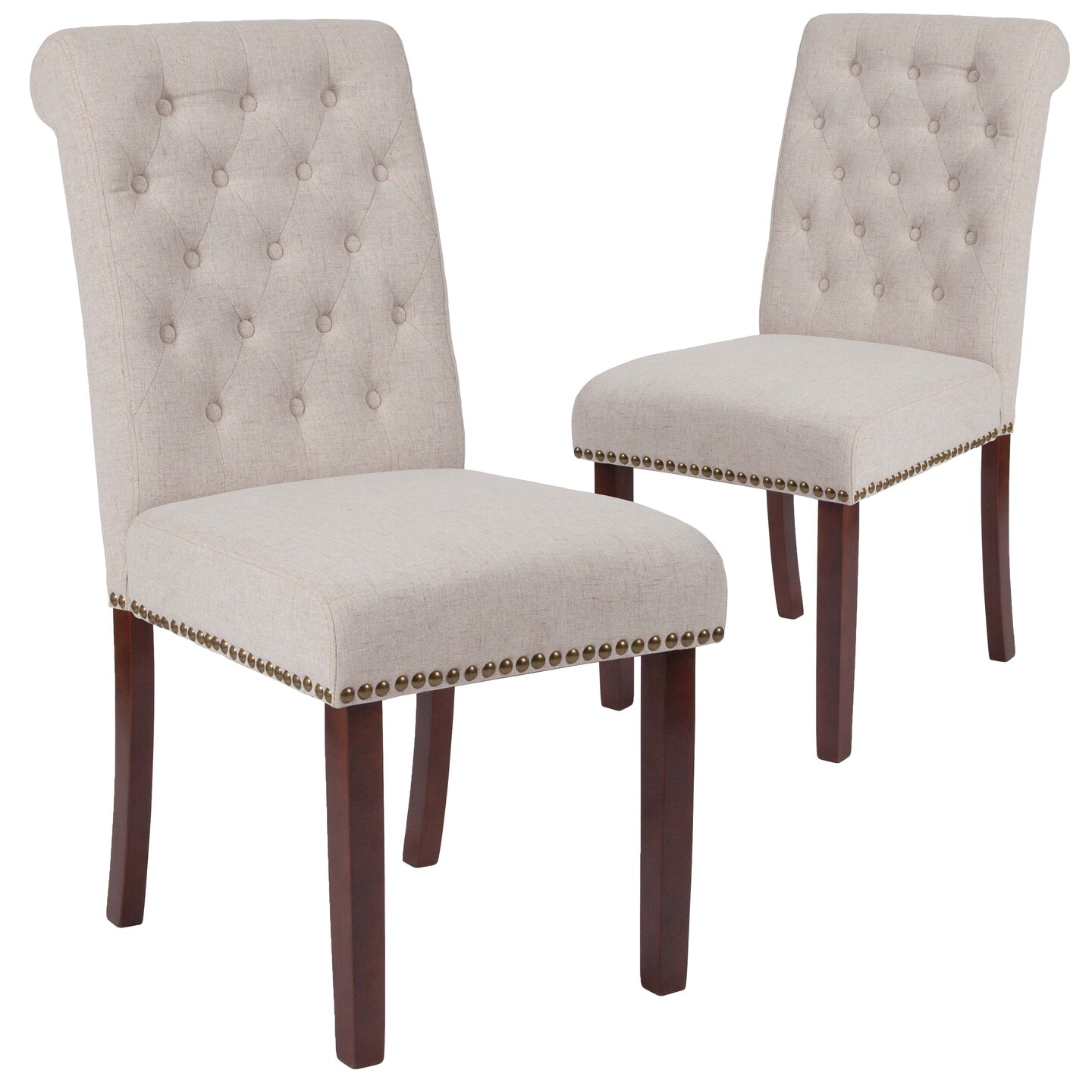 Emma and Oliver 2 PK Upholstered Rolled Back Parson's Chair with Nailhead Trim & Finished Frame with Plastic Floor Glides