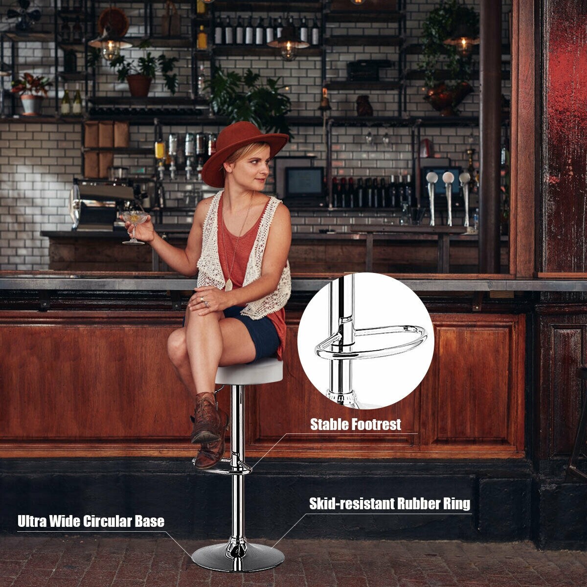 Modern Swivel Round PU Leather Seat Bar Stool with Adjustable Height and Steel Base
