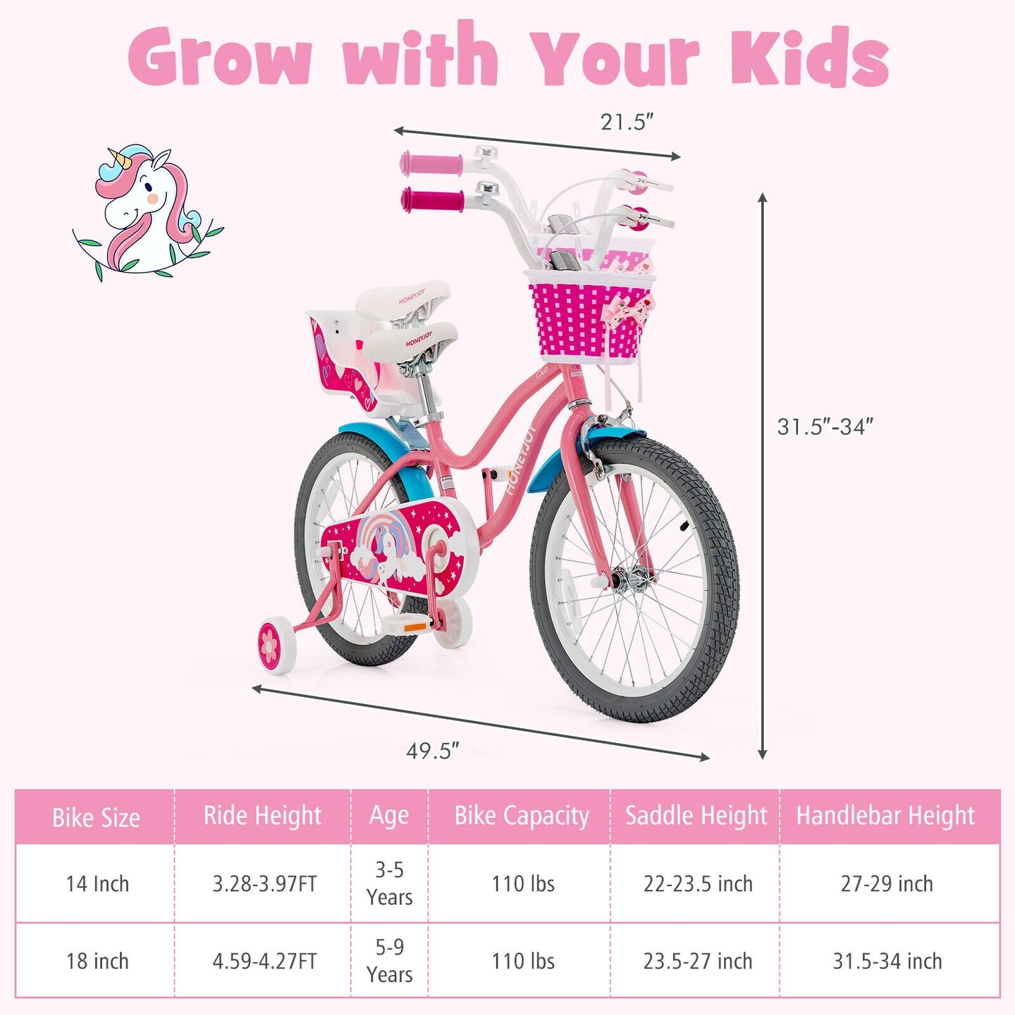 Pink Kids Bicycle with Training Wheels and Beautiful Basket for Girls