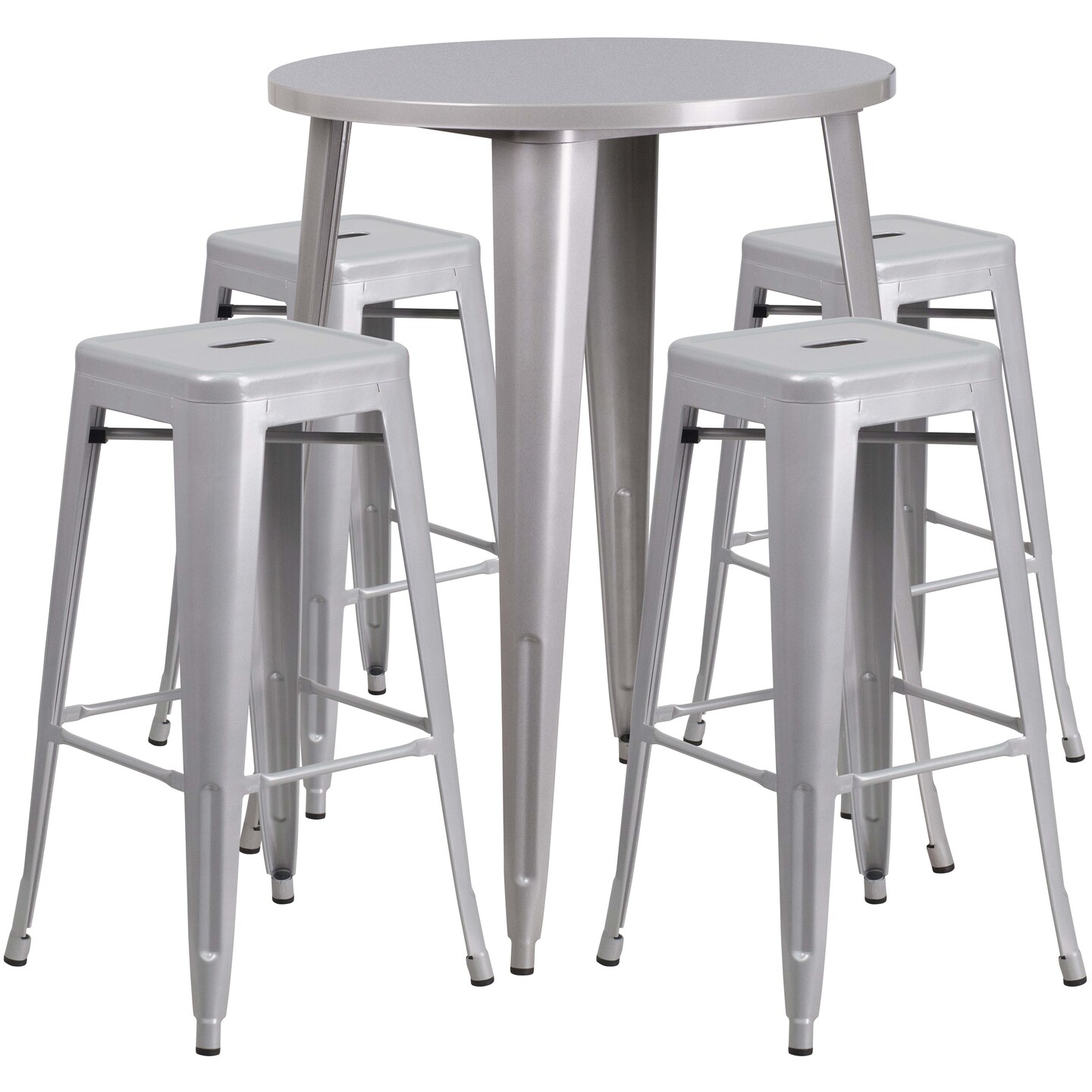 Emma and Oliver Commercial Grade 30" Round Metal Indoor-Outdoor Bar Table Set, 4 Backless Stools