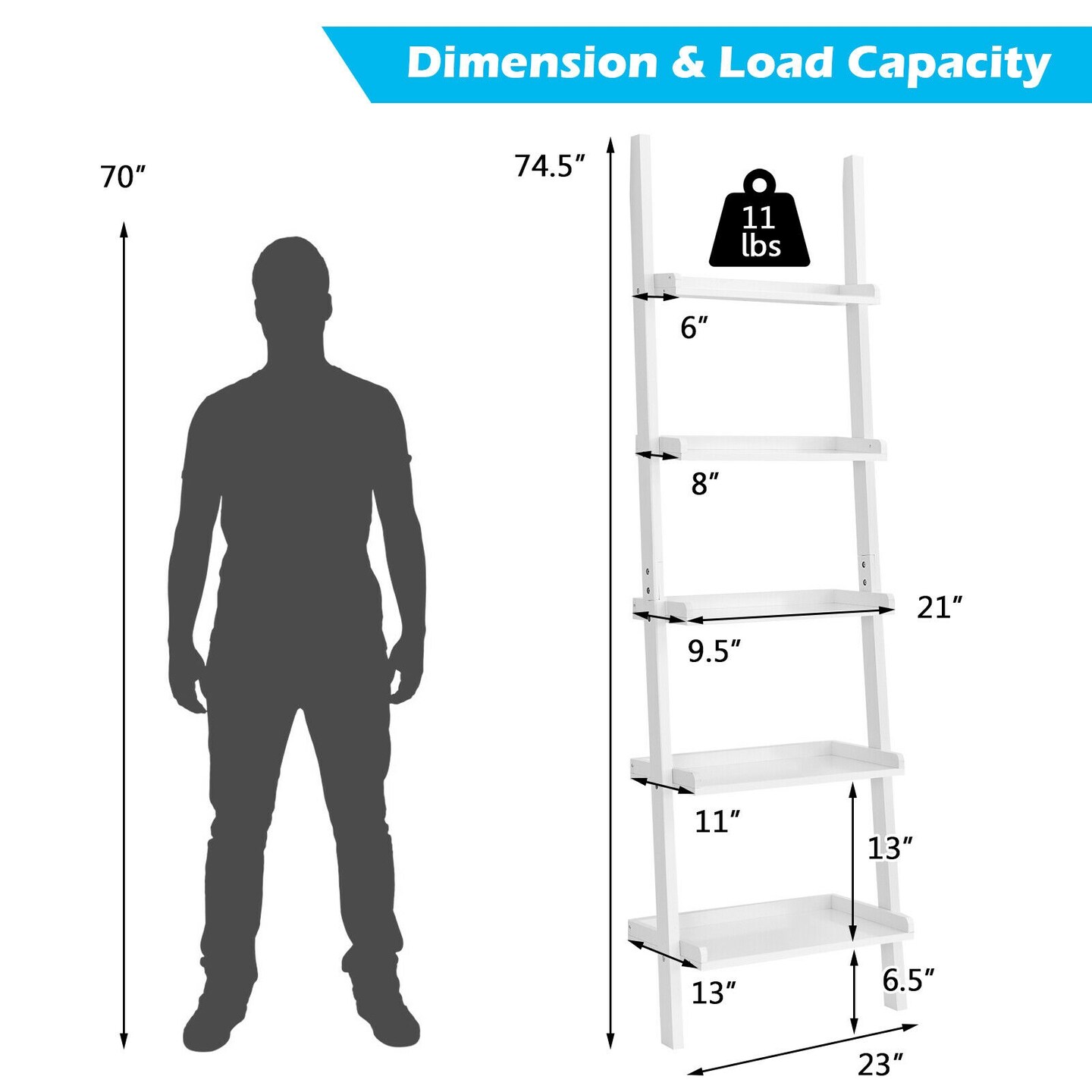 5-Tier Wall-leaning Ladder Shelf Display Rack for Plants and Books