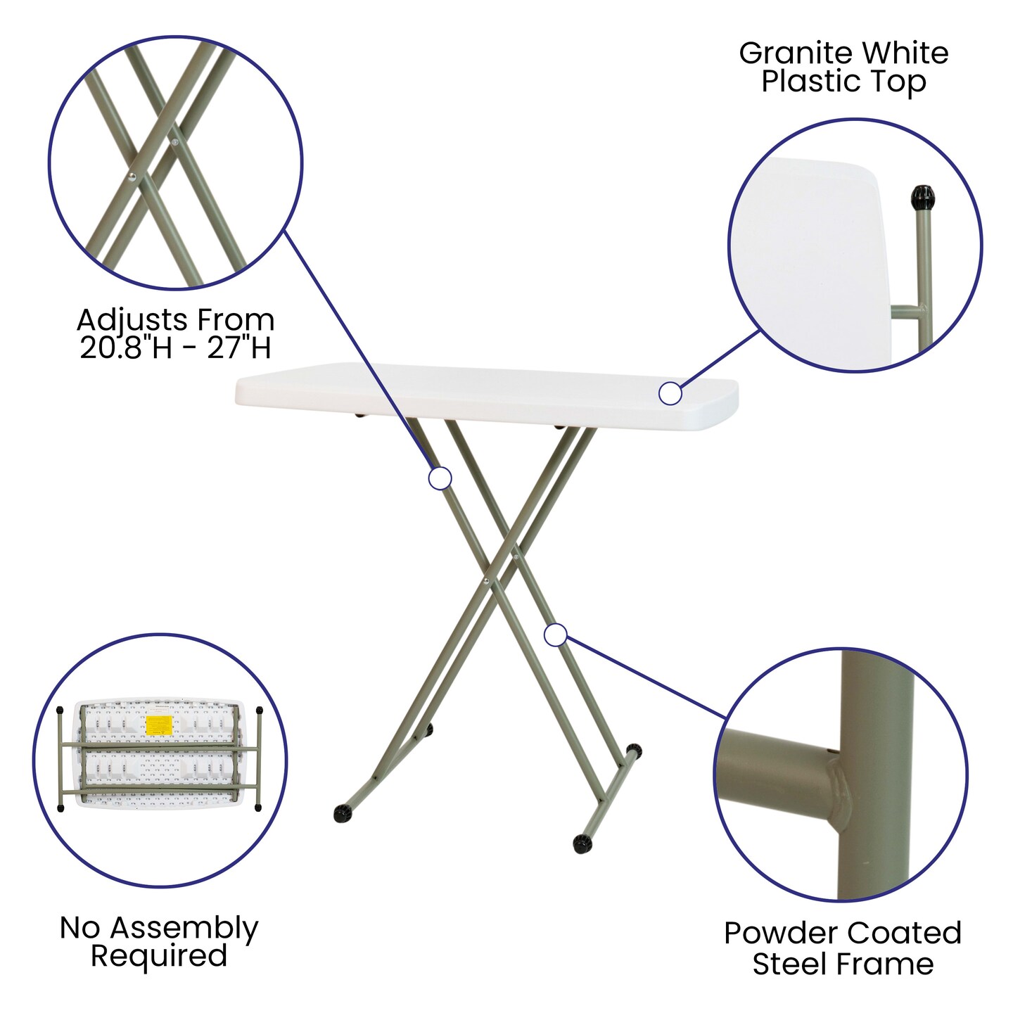 Emma and Oliver Height Adjustable Plastic Folding TV Tray/Laptop Table in Granite White