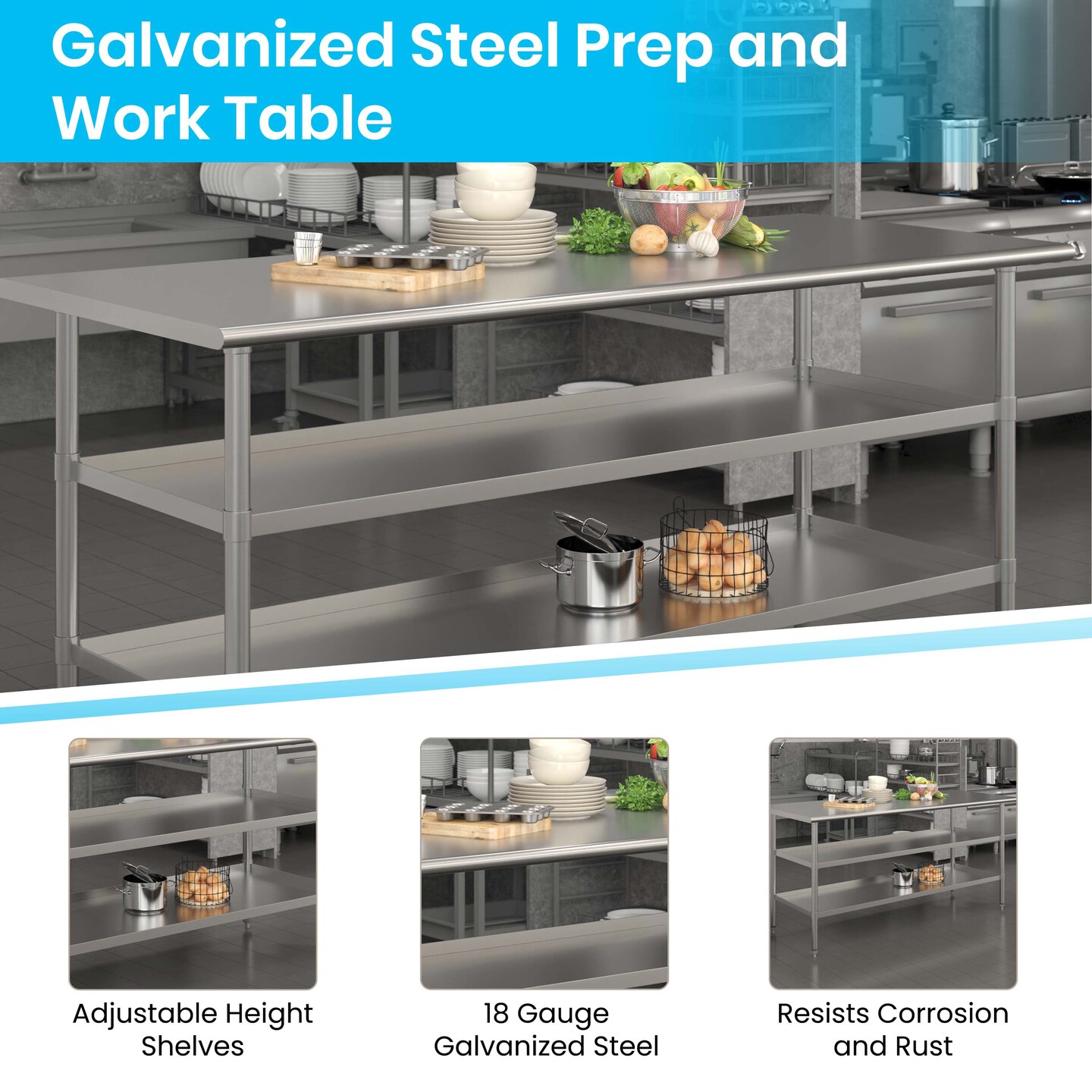 Emma and Oliver NSF Certified Stainless Steel 18 Gauge Work Table with 1.5" Backsplash and 2 Undershelves
