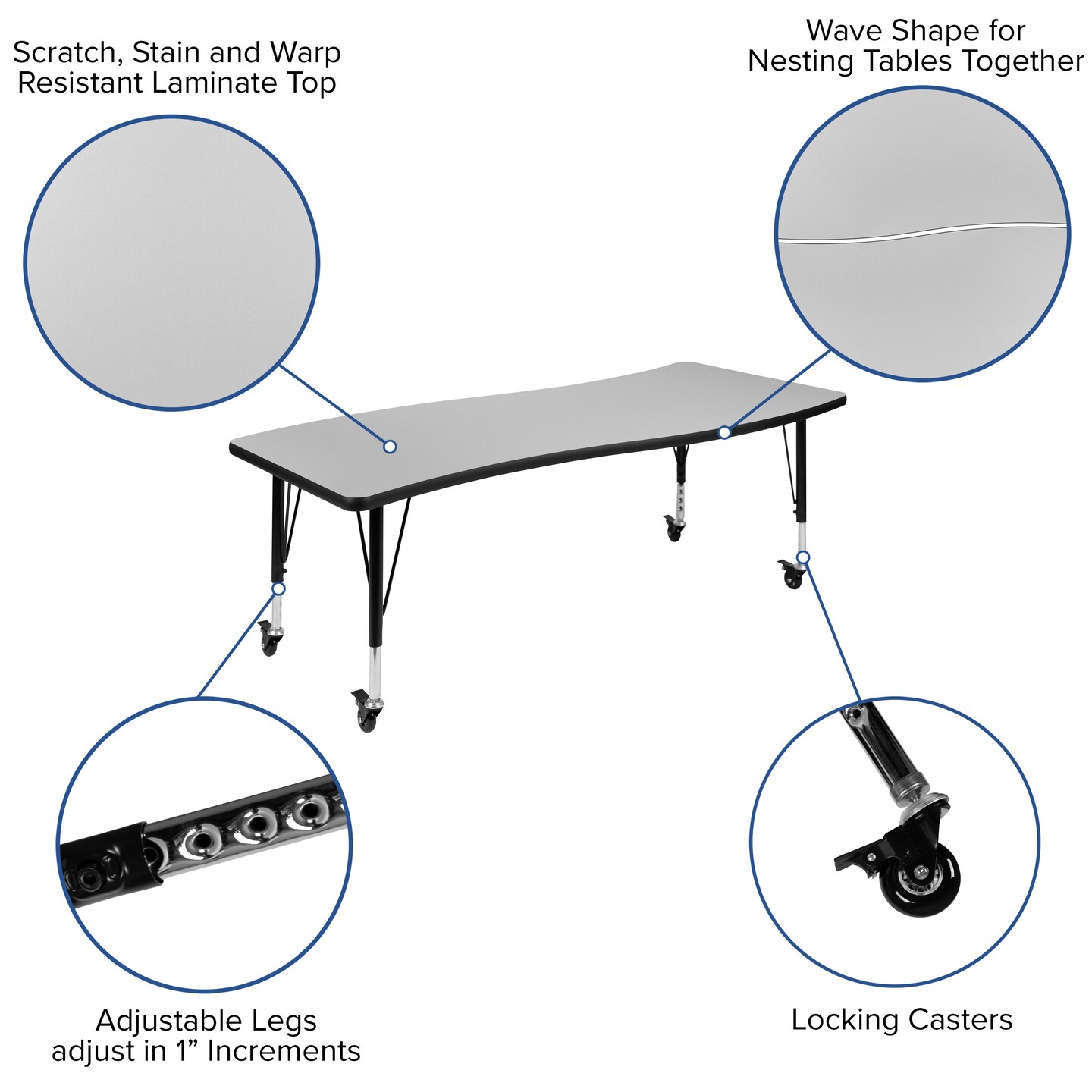 Emma and Oliver Mobile 26"W x 60"L Wave Flexible Collaborative Kids Adjustable Activity Table