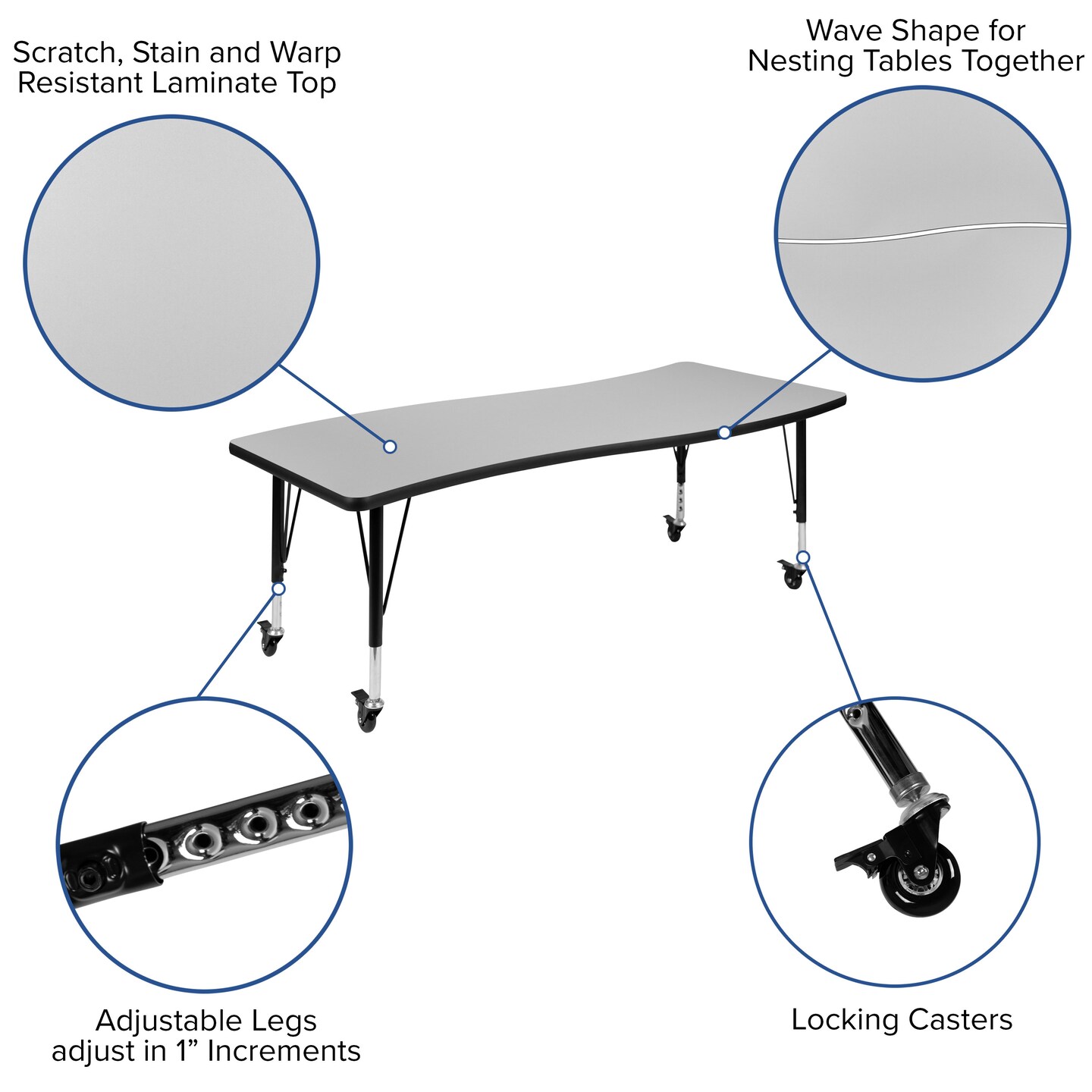 Emma and Oliver Mobile 26&#x22;W x 60&#x22;L Wave Flexible Collaborative Kids Adjustable Activity Table