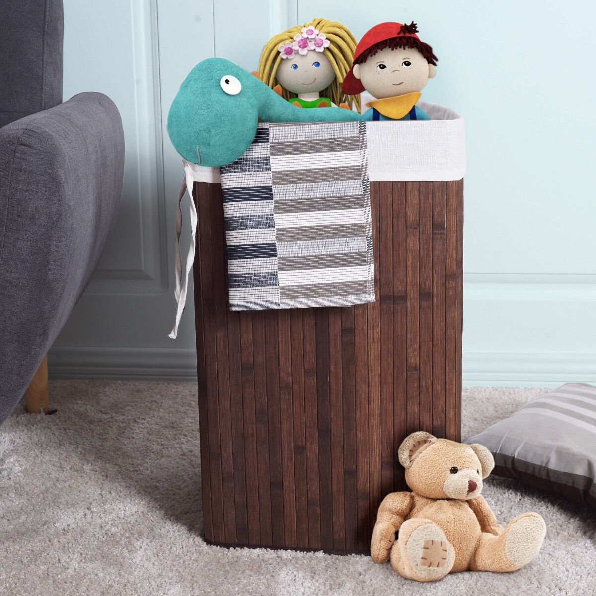 Corner Laundry Hamper Basket with Lid Removable Liner Wicker Black