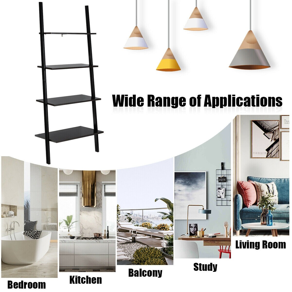 Metal Particle Board 4-Tier Ladder Shelf with Wall Mount