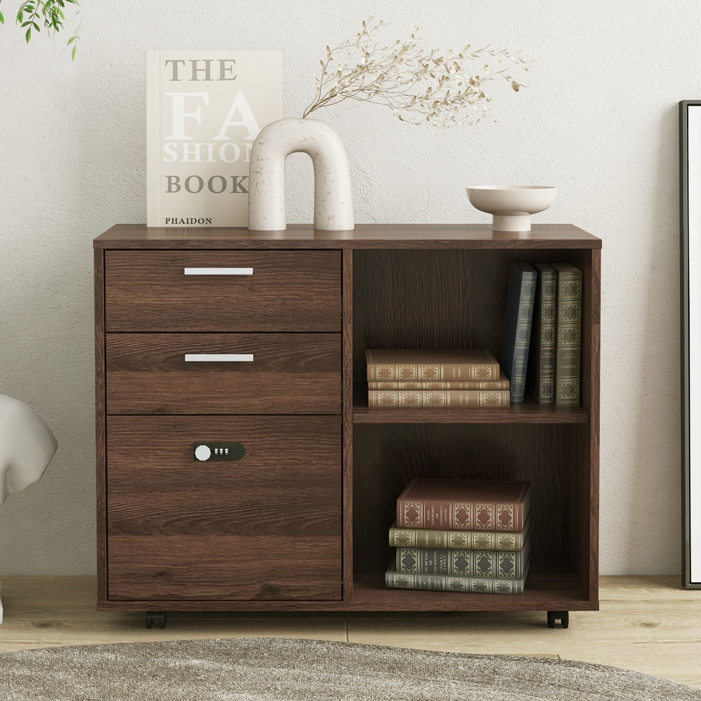 Office Wooden File Cabinet with coded Lock Drawer with Open Storage Shelves