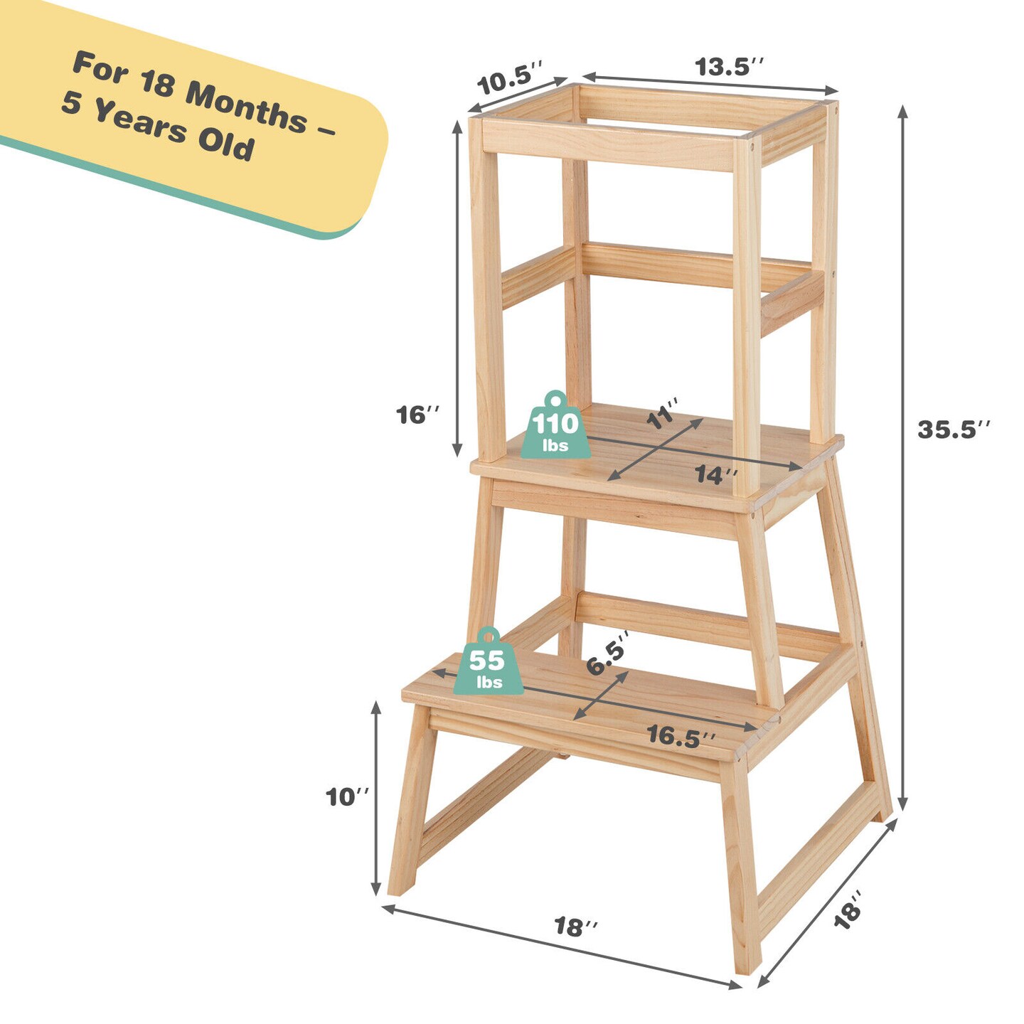 2-in-1 Multifunctional Wooden Kids Step Stool with Safety Guardrail and Wide Platform