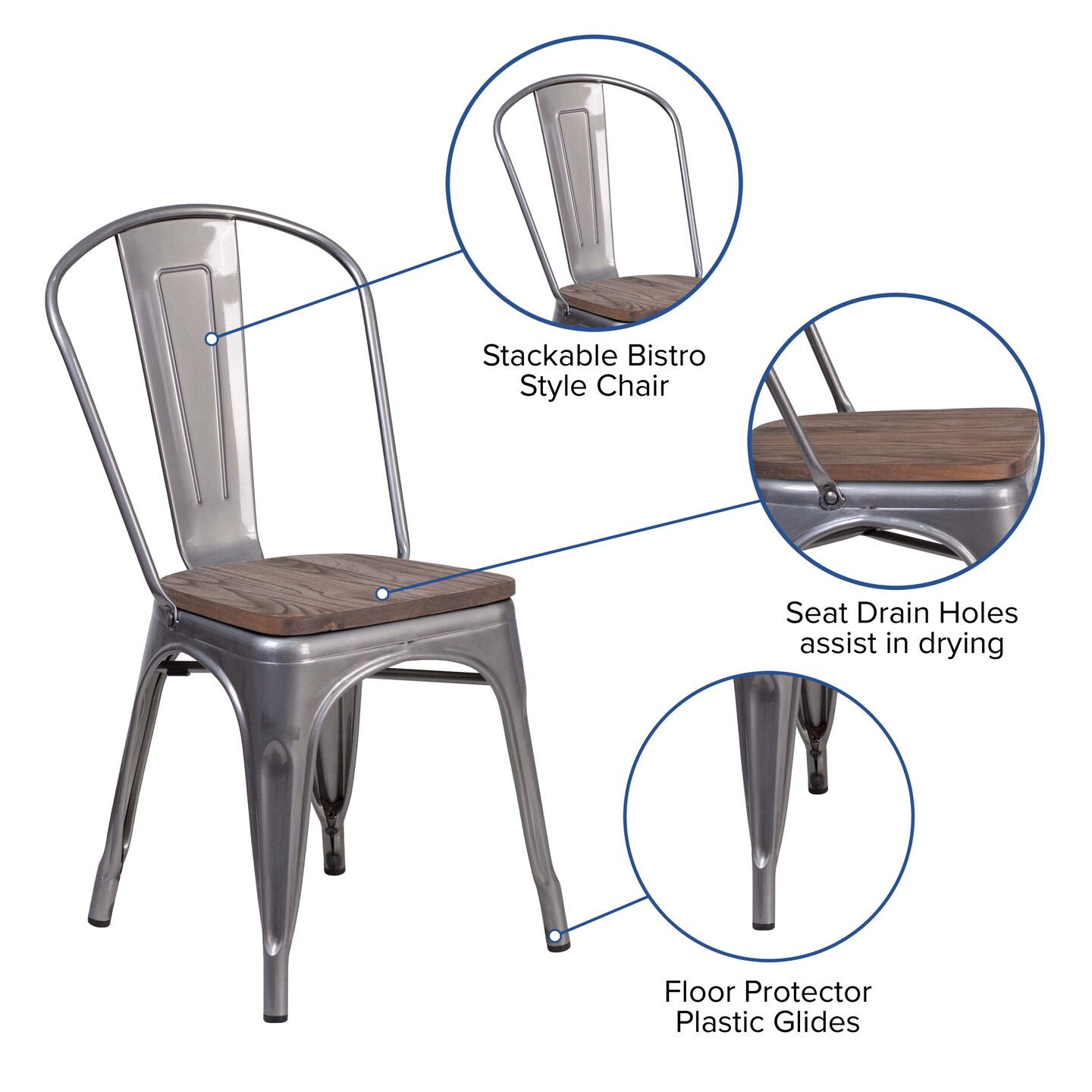 Merrick Lane Stackable Metal Vertical Slat Back Dining Chair with Textured Wood Seat