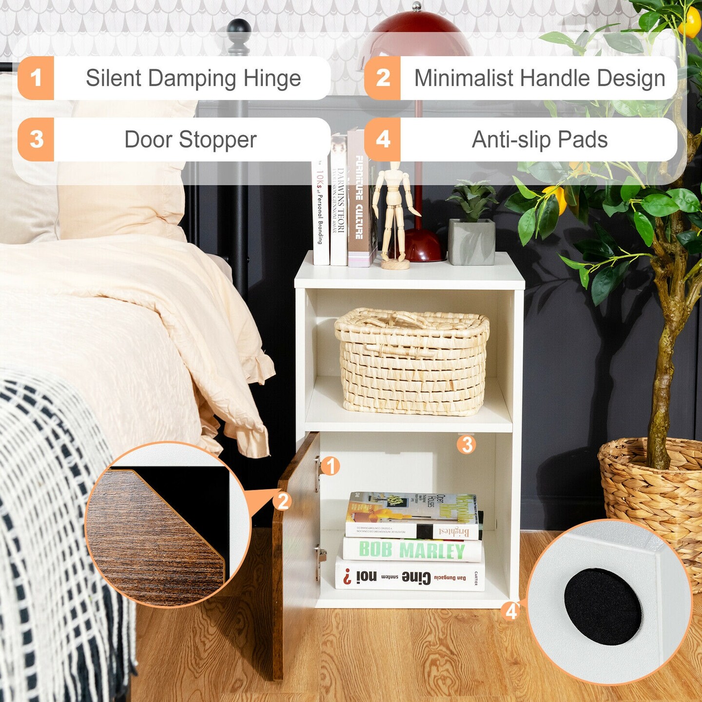 Set of 2 Side End Table Nightstands with Triangular Cut-Out Cabinet Door and Large Open Shelf