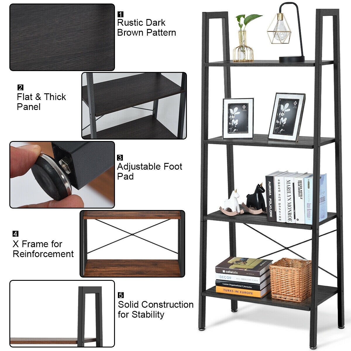 4-Tier Wood Ladder Shelf Display Rack with Metal Frame