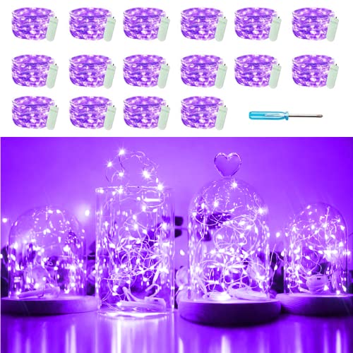 16 Packs 20 LED Purple Fairy String Lights Battery Operated Waterproof 6.6 Feet Silver Copper Wire Firefly Starry Moon Lights for DIY Bottle Costume Wedding Party Bedroom Table Decor