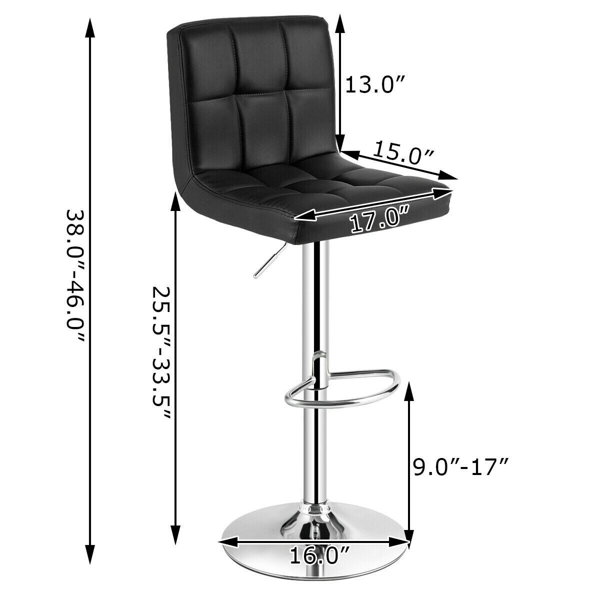Set of 2 Square Swivel Adjustable PU Leather Bar Stools with Back and Footrest