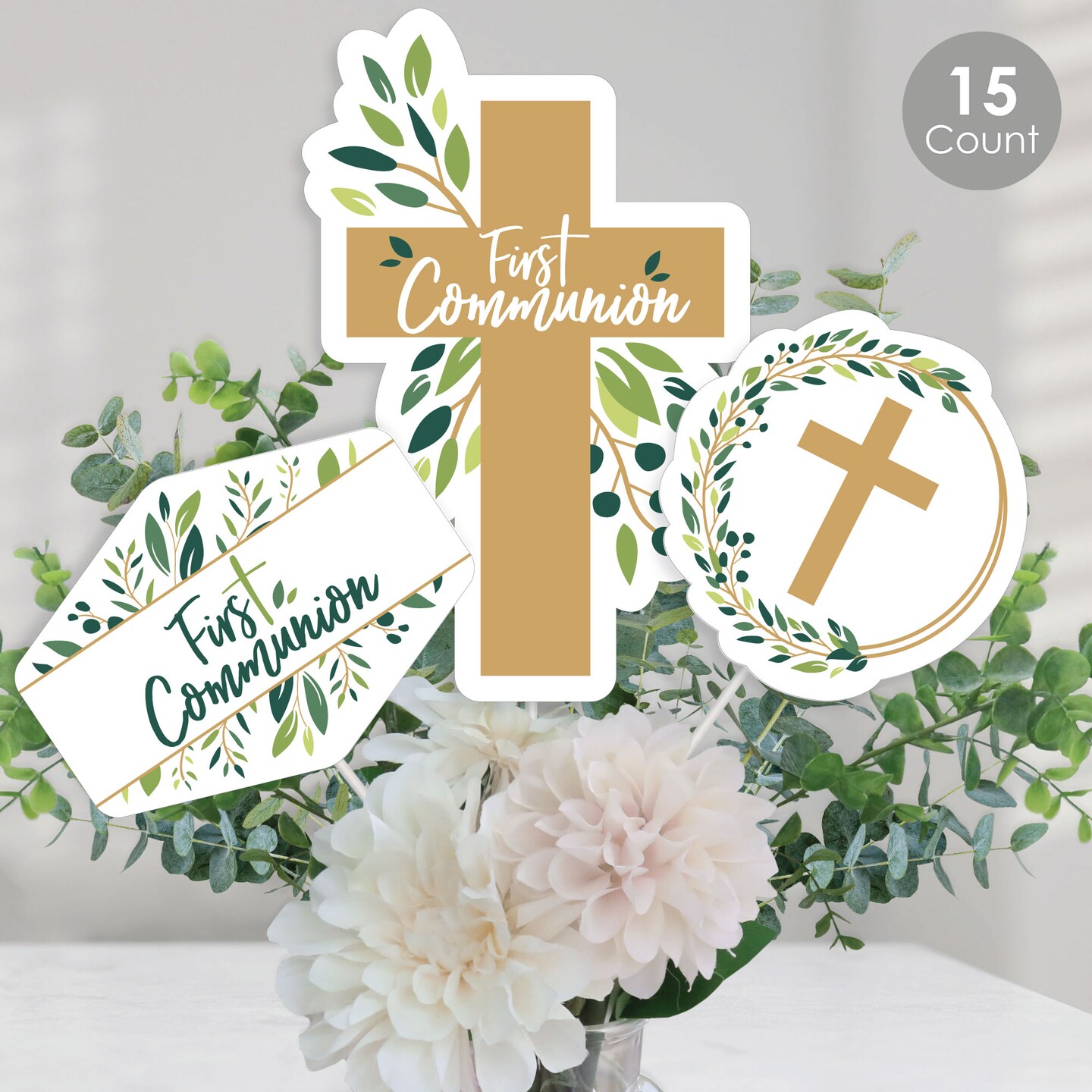 Big Dot of Happiness First Communion Elegant Cross - Religious Party Centerpiece Sticks - Table Toppers - Set of 15