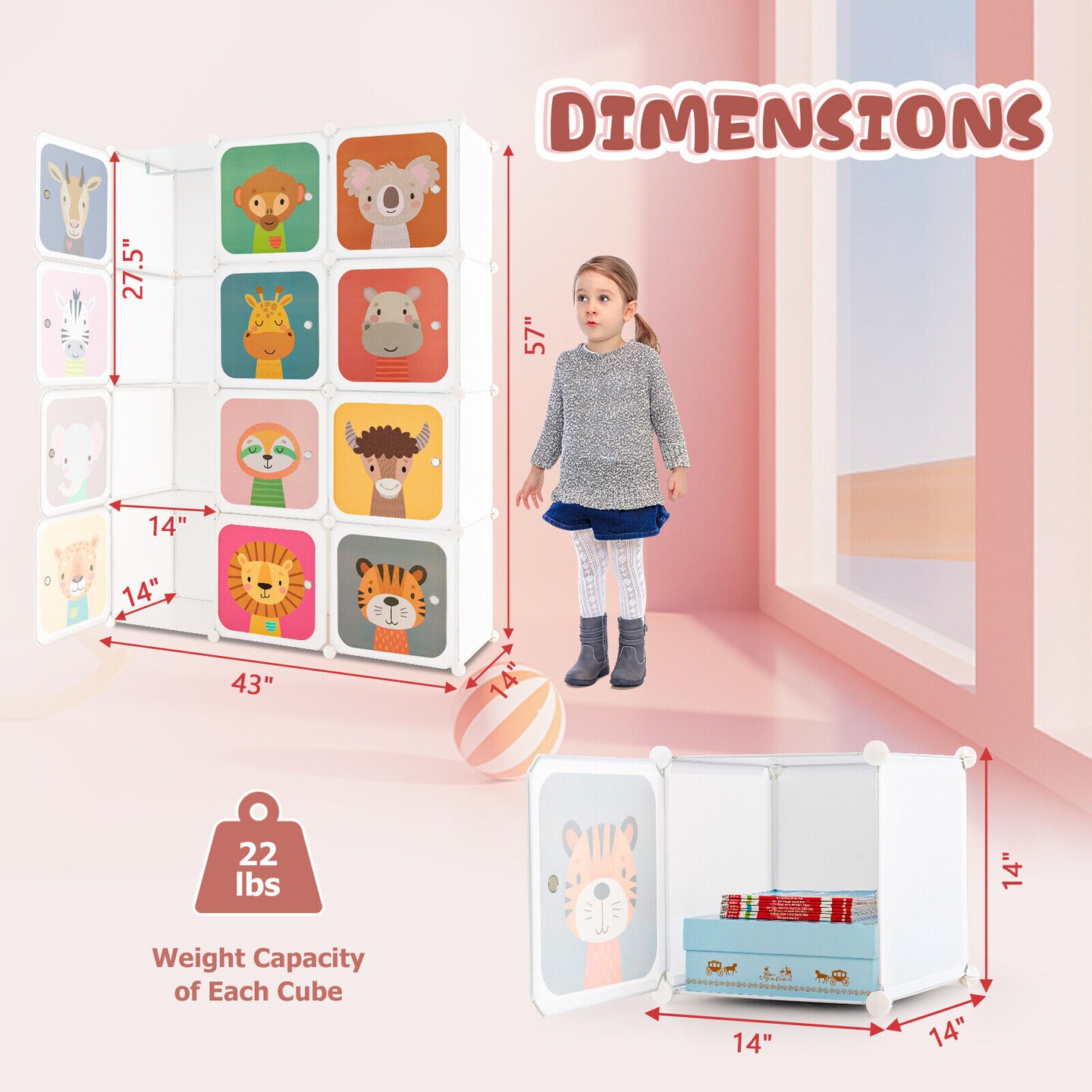 Kids Portable Multi-Cube Closet Storage Cabinet with Cartoon Doors and Sturdy Metal Wires Connections