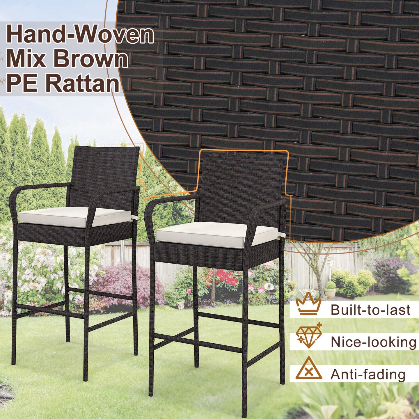 Patio PE Rattan Barstool Set with Armrests and Removable Seat Cushions Ideal for Outdoor Use