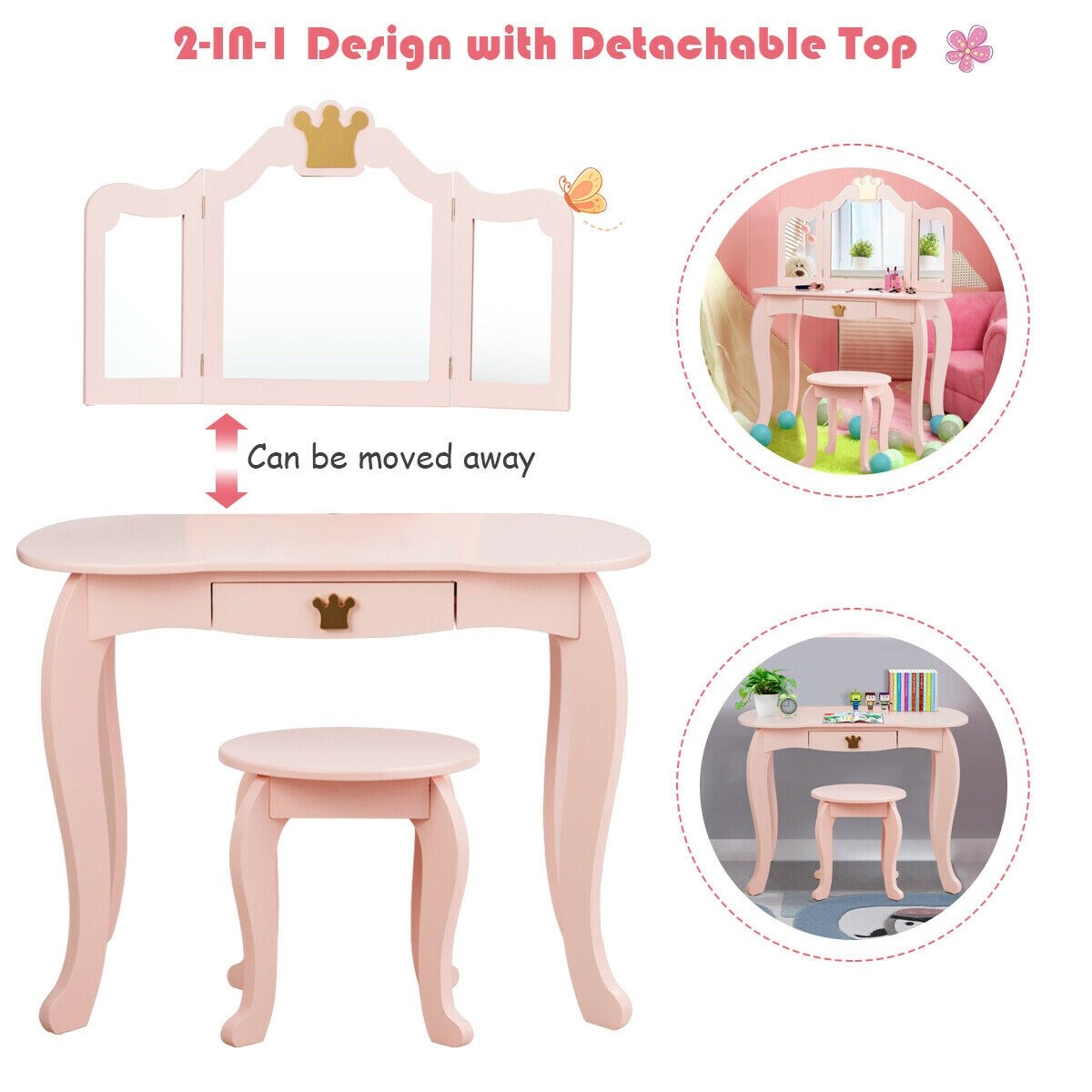Kids Makeup Dressing Table with Tri-folding Mirror and Stool