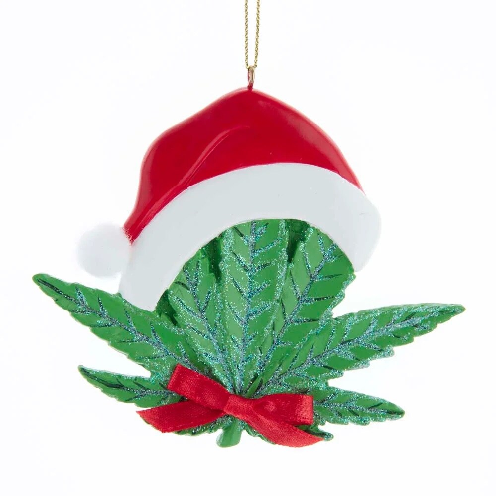 KSA Pack of 12 Green and Red Glittered Cannabis Leaf With Santa Hat Christmas Ornaments 4.25&#x22;