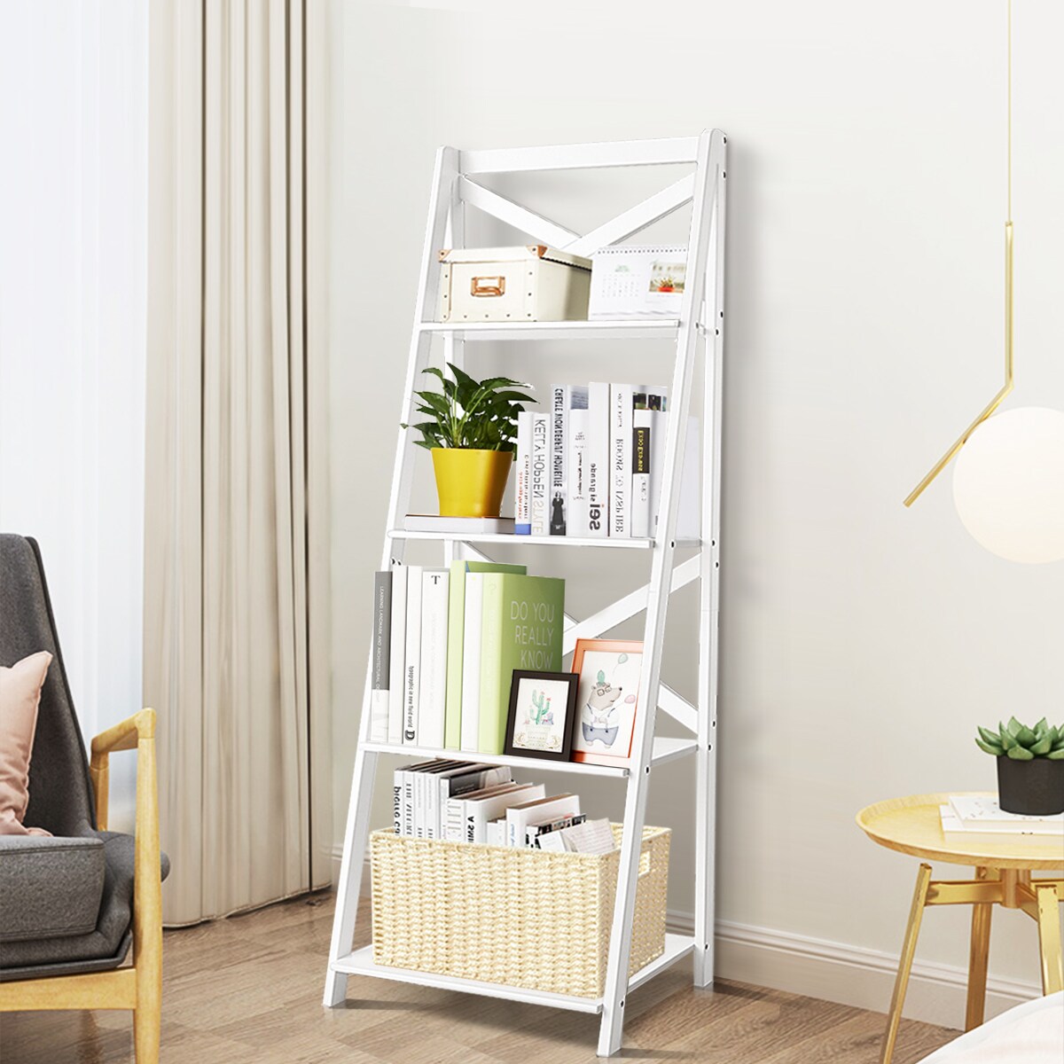 Costway 4-Tier Ladder Shelf Bookshelf Bookcase Storage Display Plant Leaning Shelf White