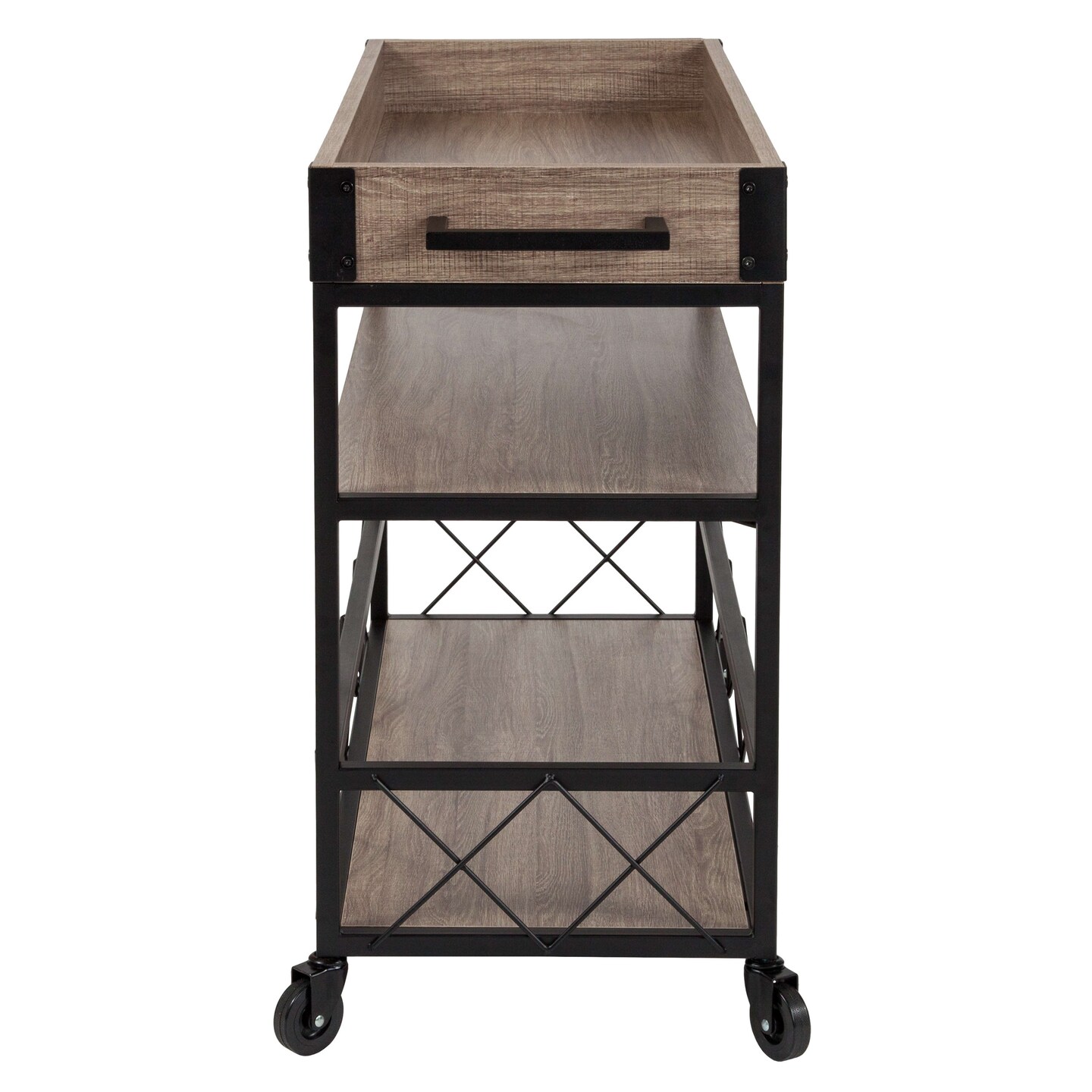 Merrick Lane Brookville Rolling Kitchen Serving and Bar Cart with Shelves and Wine Glass Holders