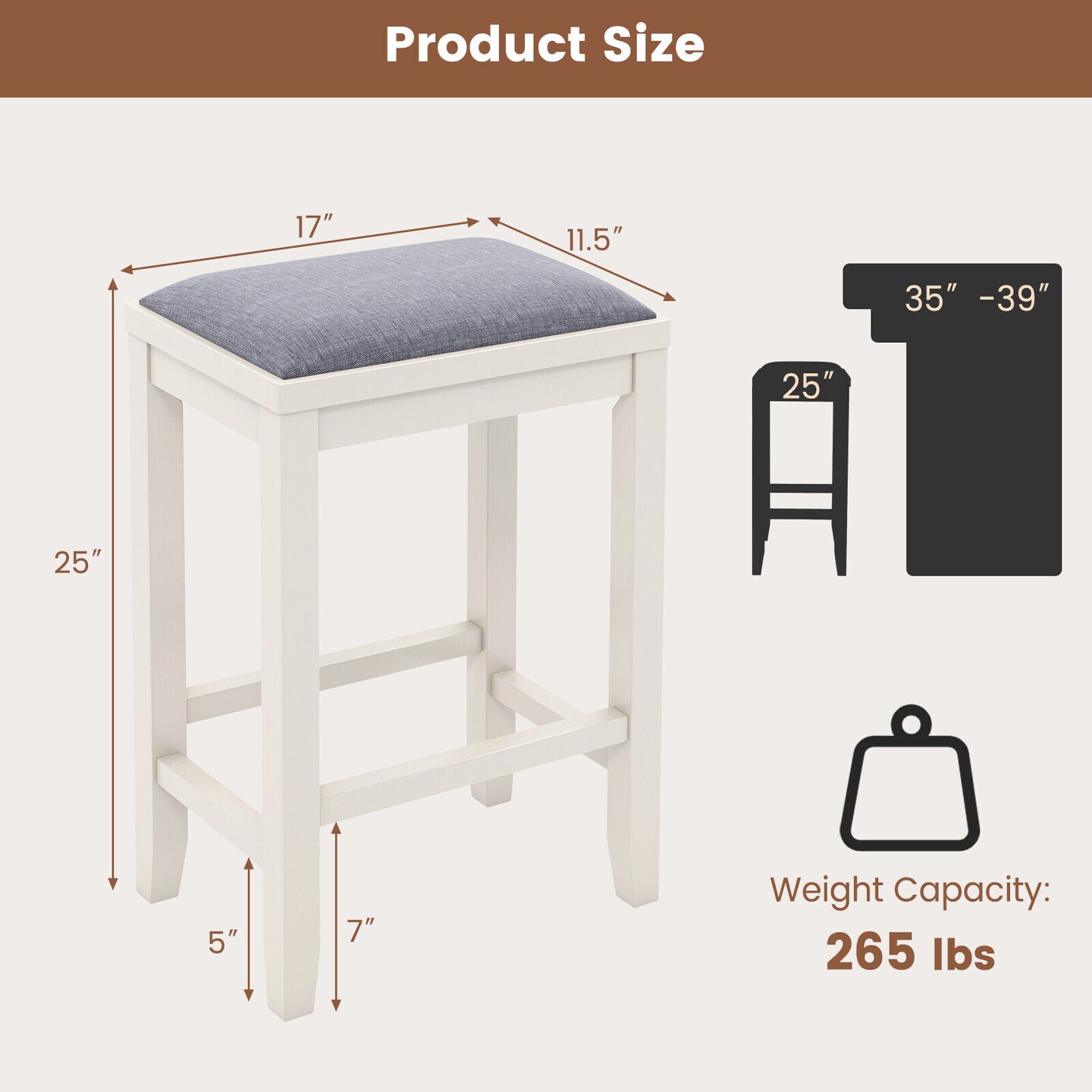 2 Pieces 25 Inch Upholstered Bar Stool Set with Solid Rubber Wood Frame and Footrest