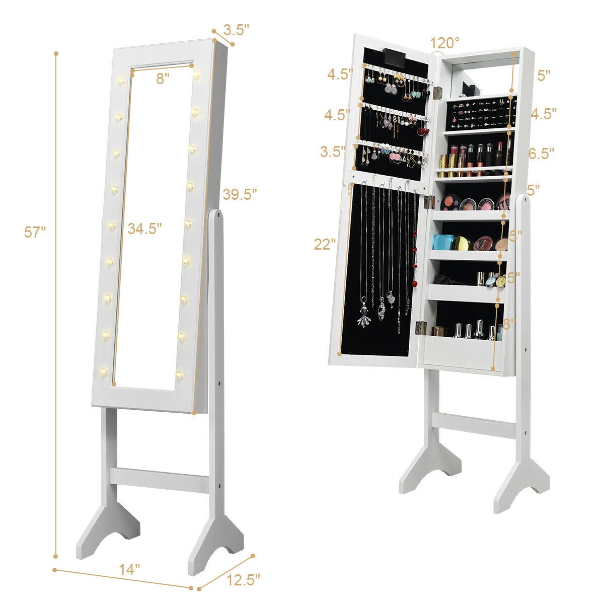 Freestanding Jewelry Organizer Cabinet Armoire with LED Lights and Full Length Mirror