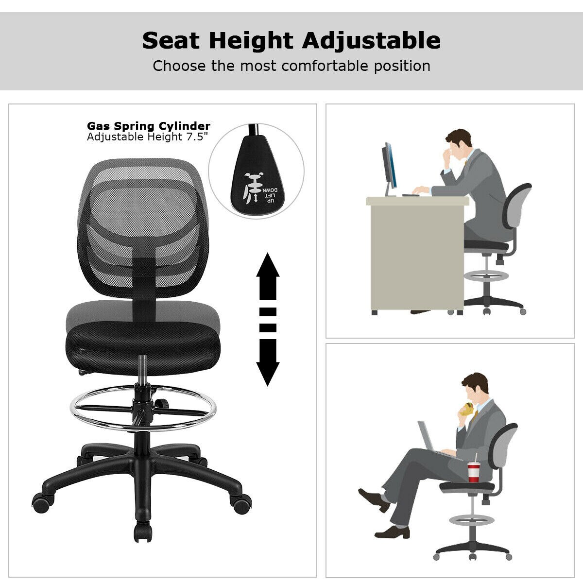 Adjustable Height Mid Back Mesh Drafting Office Chair with 5 Universal Wheels