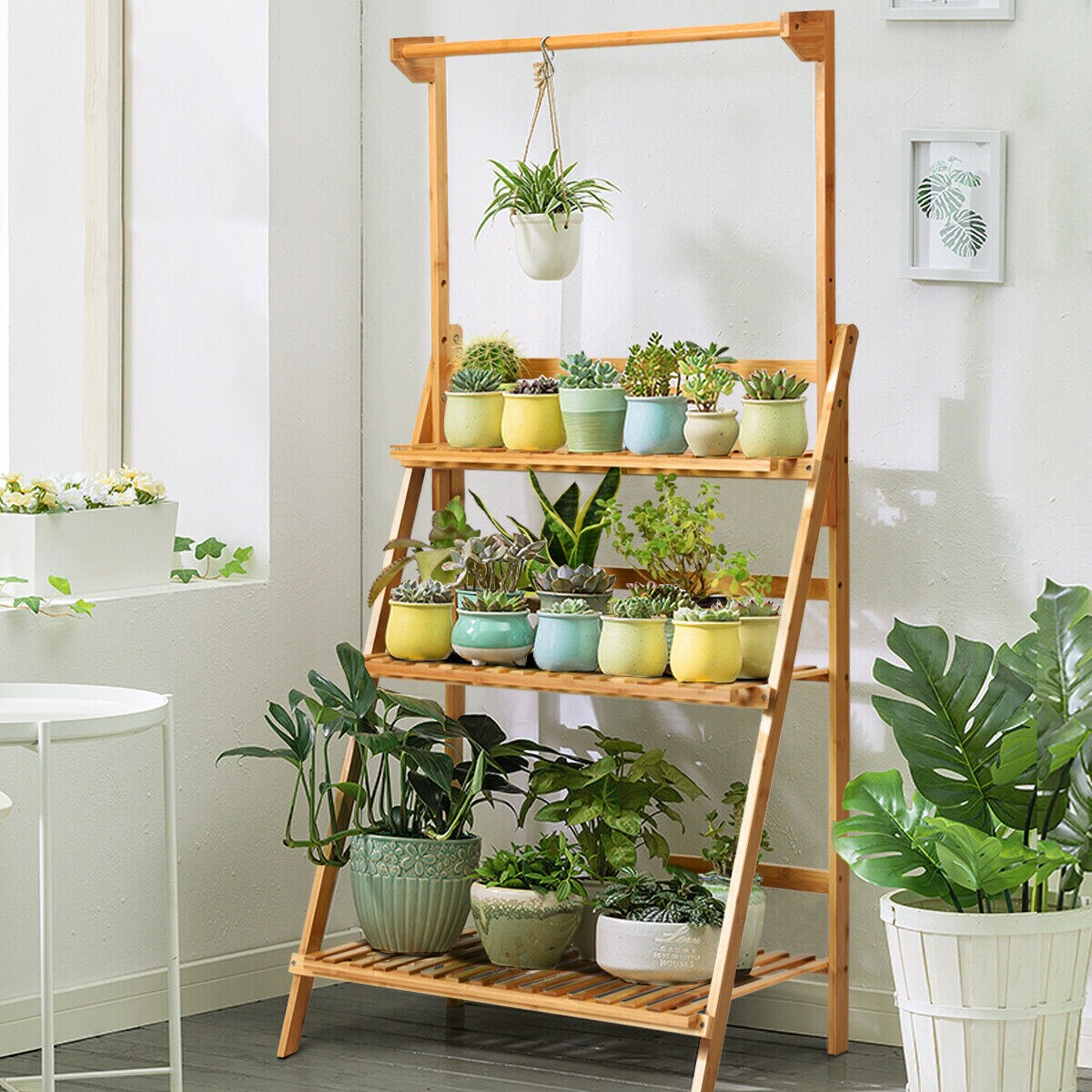 Costway 3 Tier Bamboo Hanging Folding Plant Shelf Stand Flower Pot Display Rack Bookcase