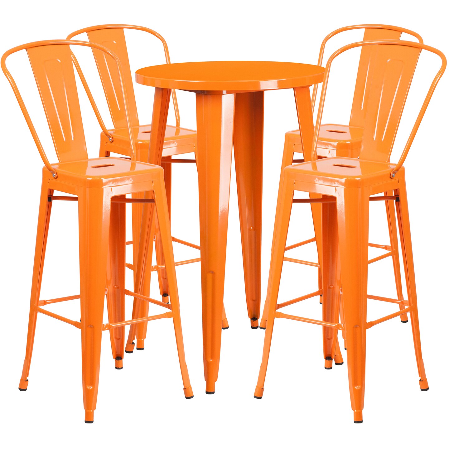 Merrick Lane Eleanore Outdoor Dining Set with 24&#x22; Round Table and Slatted Back Bar Stools with Footrests