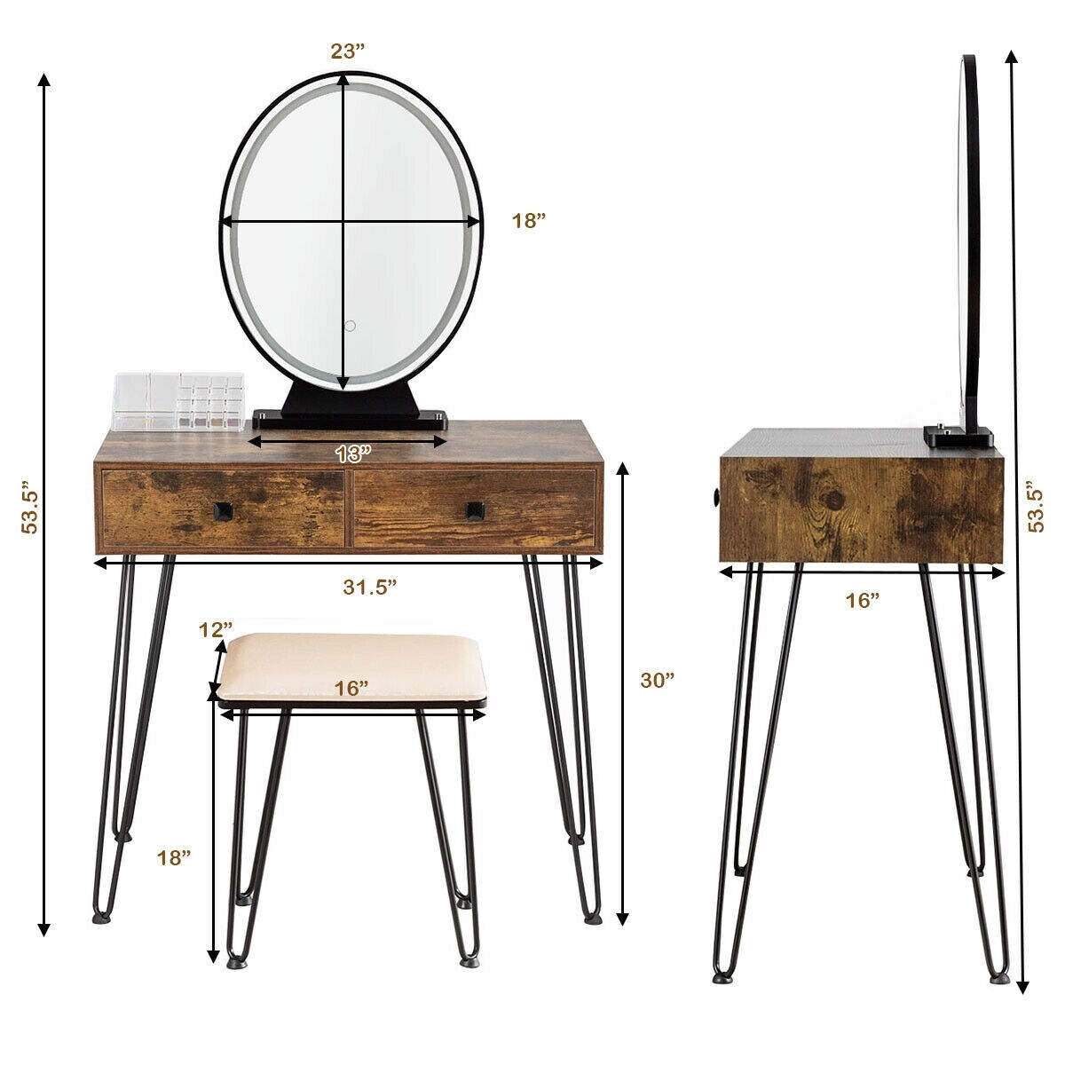 Makeup Dressing Table Included Soft Cushion Seat Stool with 3 Lighting Modes and 2 Large Drawers