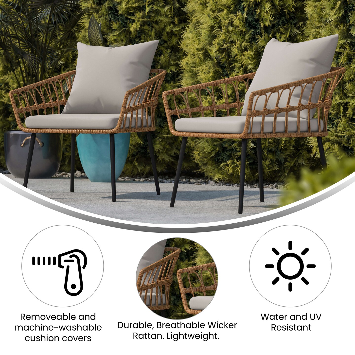 Merrick Lane Armon Set of Two Indoor/Outdoor Boho Style Open Weave Rattan Rope Patio Chairs with Cushions