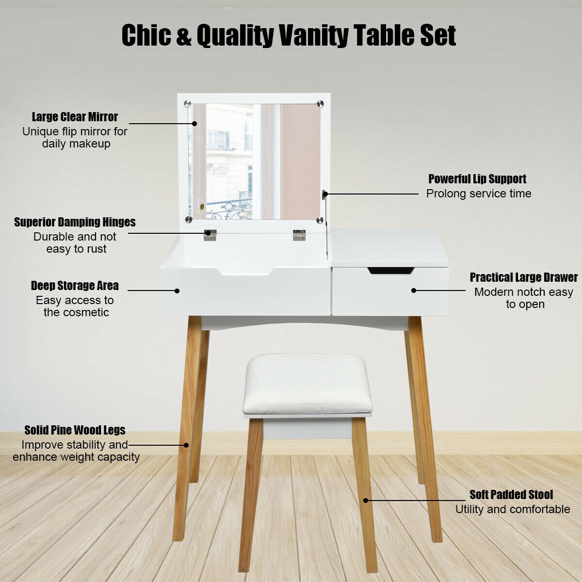 Vanity Makeup Table Cushioned Stool Set with Flip Top Mirror