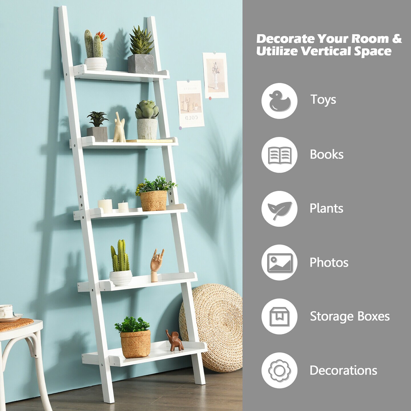 Costway Versatile White 5-Tier Bookshelf Leaning Wall Shelf Ladder  Bookcase Storage Display Furni