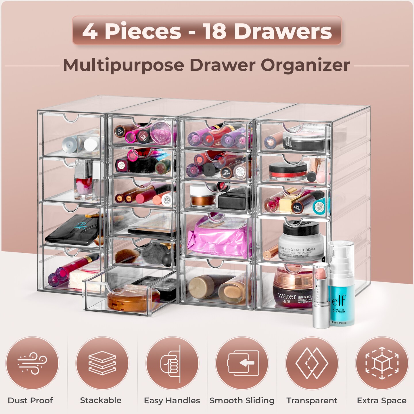 Sorbus 20 Drawers Acrylic Organizer for Makeup, Organization and Storage, Art Supplies, Jewelry, Stationary - 4 Pcs Clear Stackable Storage Drawers