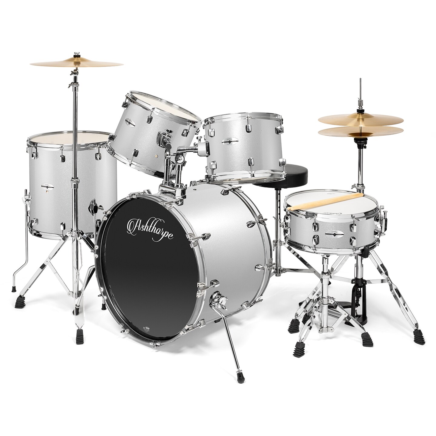 Ashthorpe 5-Piece Full Size Adult Drum Set with Remo Heads &#x26; Premium Brass Cymbals - Complete Professional Percussion Kit with Chrome Hardware