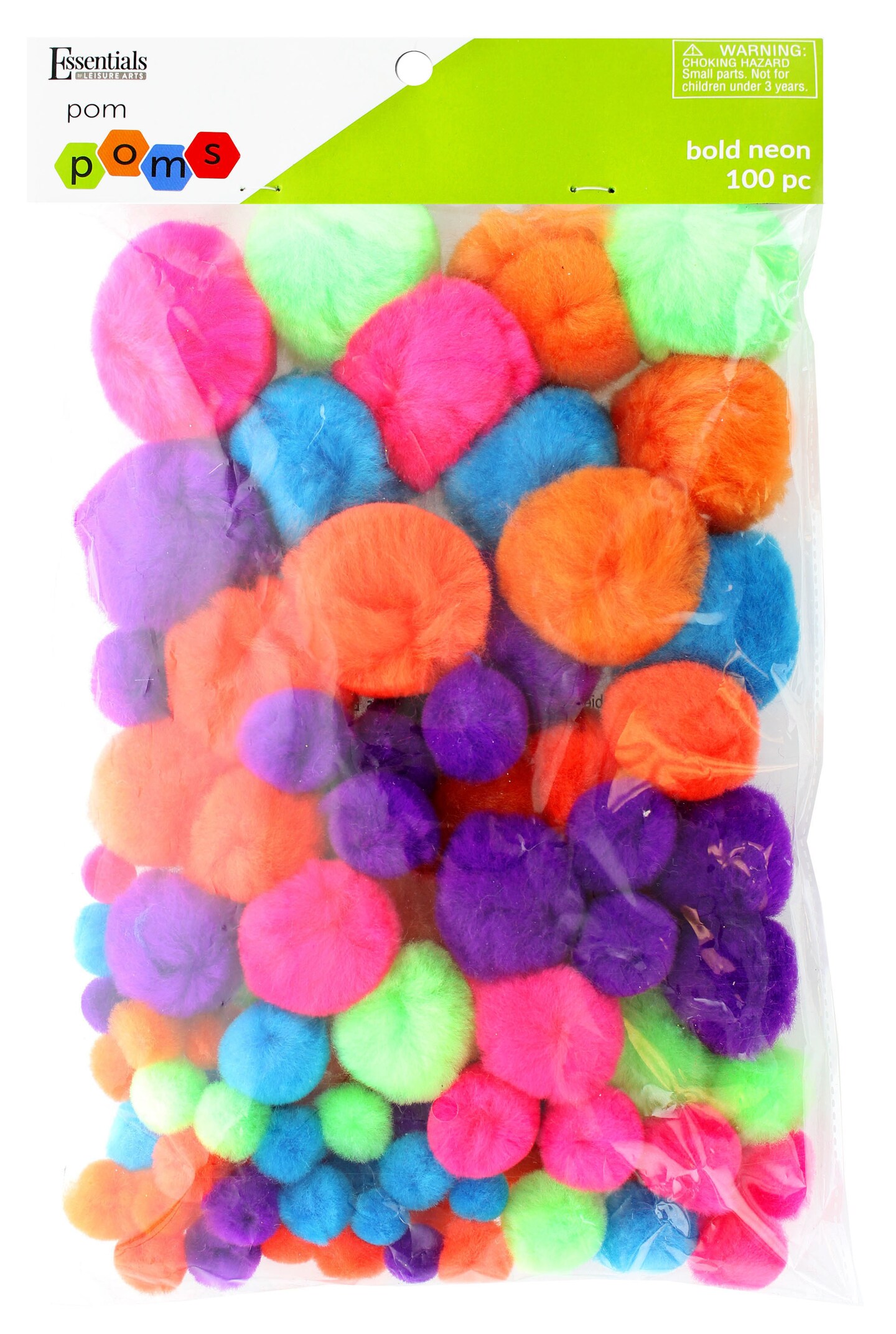 Essentials by Leisure Arts Pom Poms, Bold Neon -Assorted Sizes, 100 Pieces per Pack