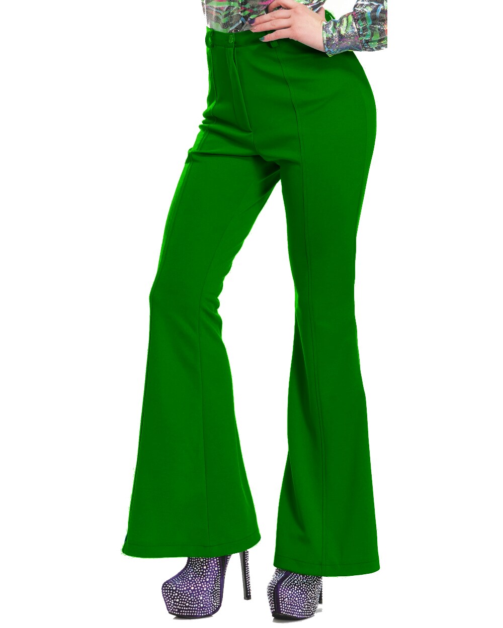 Womens 70s High Waisted Flared Green Disco Pants