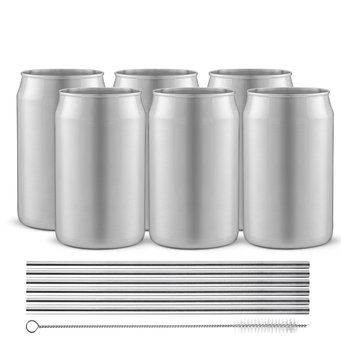 JoyJolt Stainless Steel Can Drinking Tumblers with 6 Straws &#x26; Brush- 16 oz - Silver