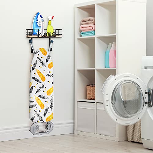 Ironing Board Hanger Wall Mount with Large Storage Wooden Base Basket and Removable Hooks (Black) For Laundry Room