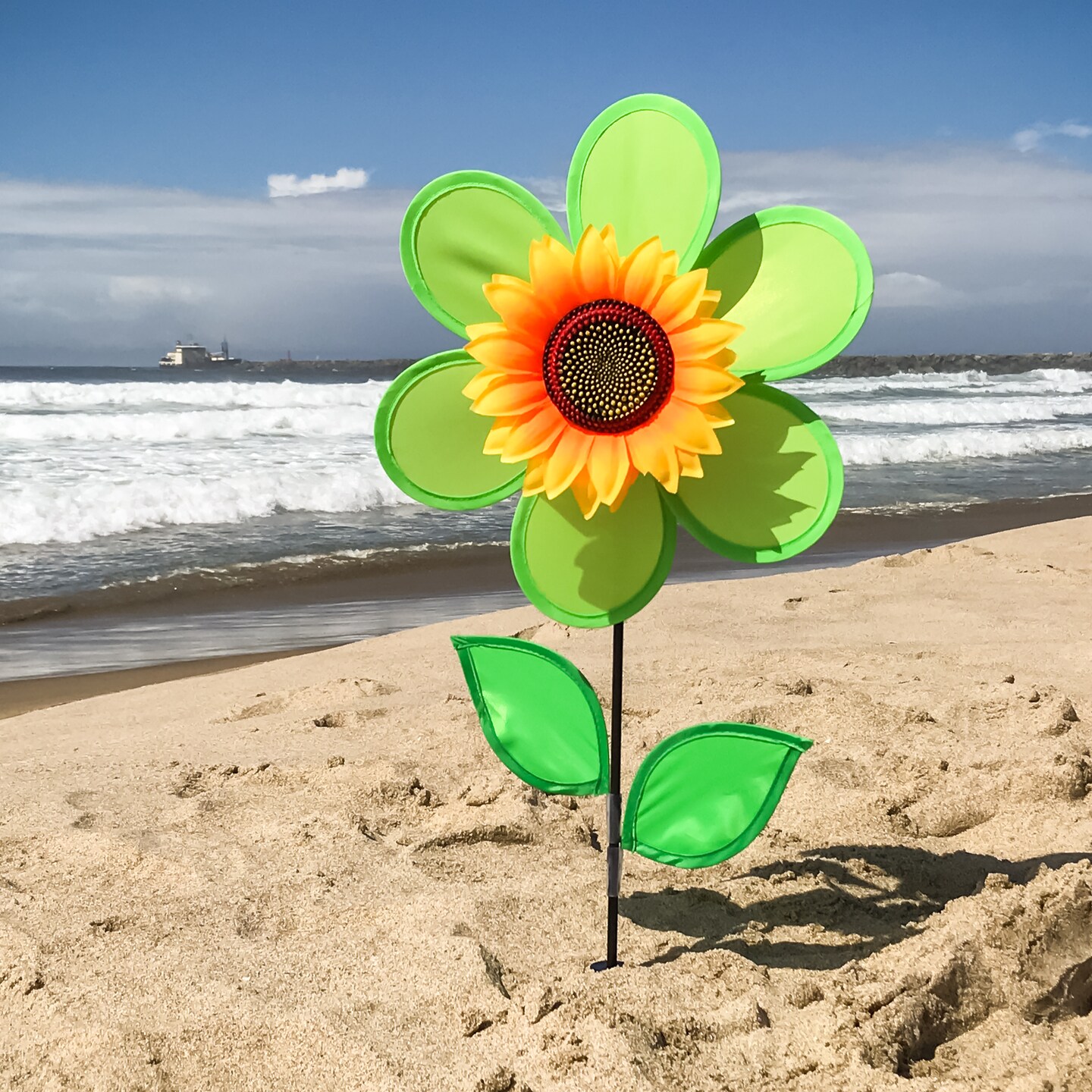 In the Breeze 2702 - 12 Inch Green Sunflower Wind Spinner with Leaves - Colorful Flower for your Yard and Garden