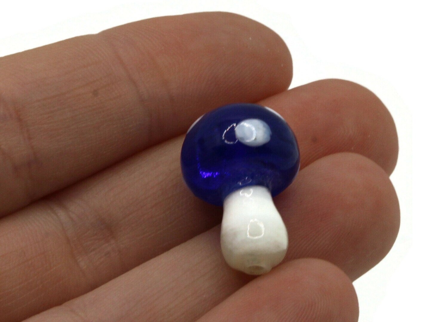 6 19mm Royal Blue and White Polka Dot Mushroom Lampwork Glass Beads