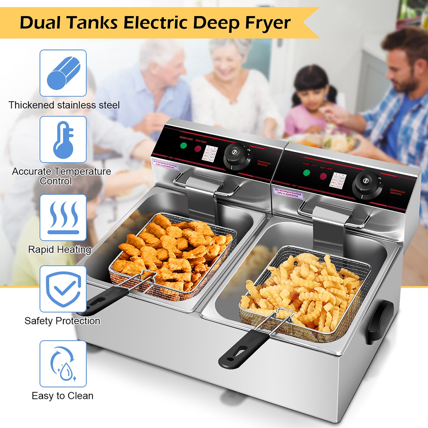 Costway 3400W Electric Countertop Deep Fryer Dual Tank Home Steel