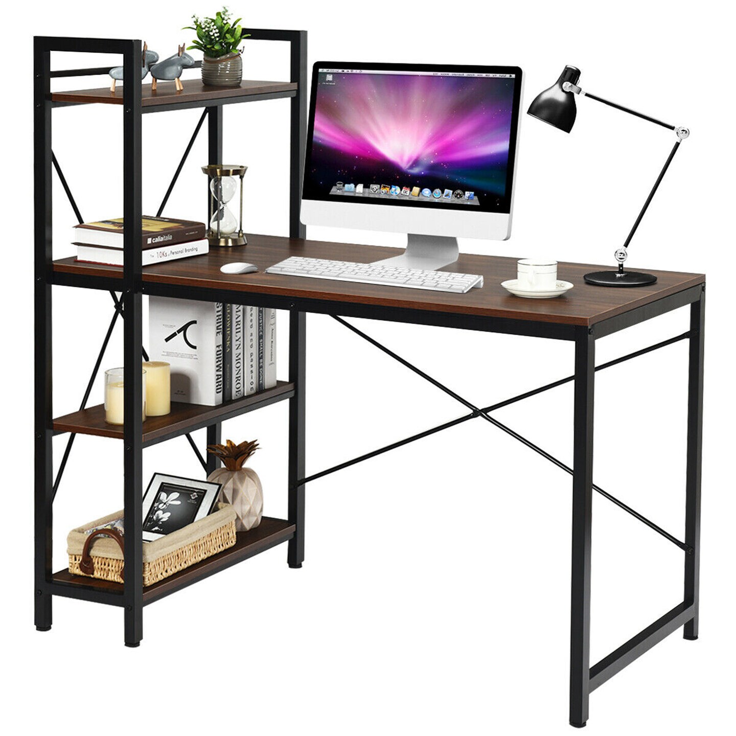 Costway 47.5'' Compact Computer Desk With 4-Tier Storage Bookshelves for Home Office