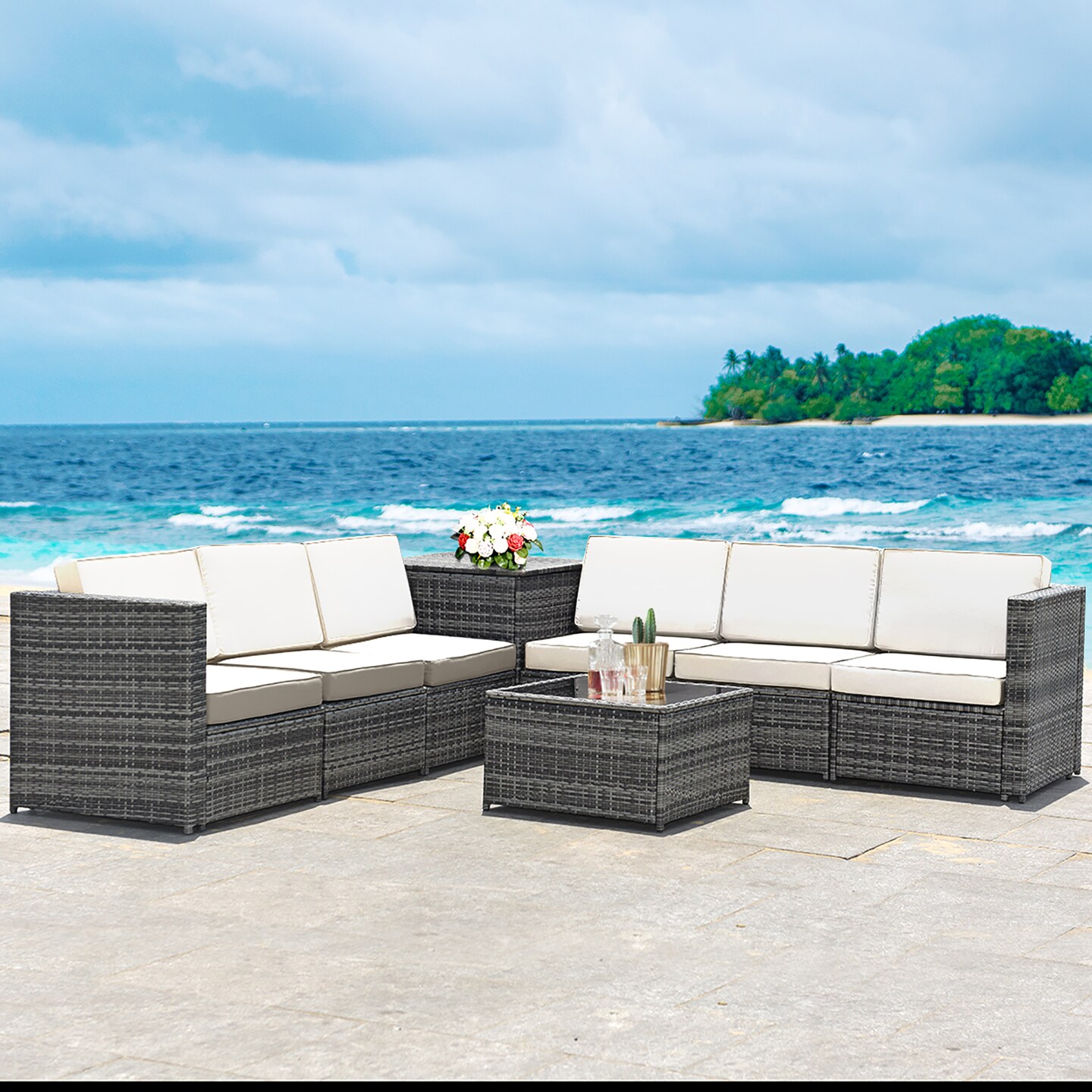 Costway 8 PCS Wicker Sofa Rattan Furniture Set Patio Furniture w/ Storage Table White\ Black\Turquoise\Red