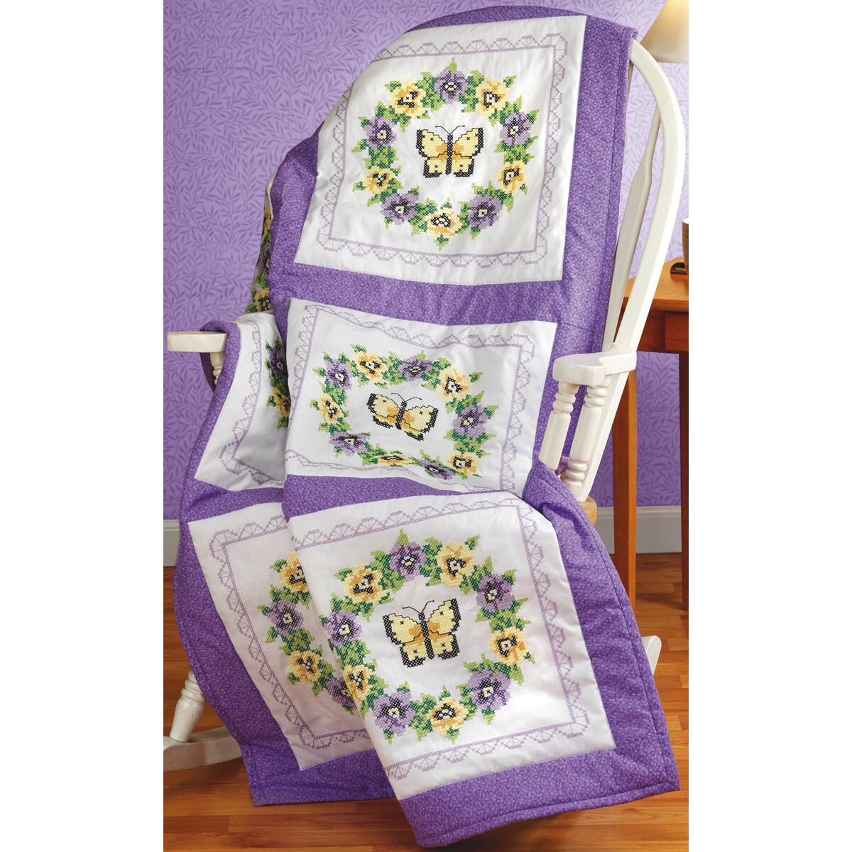 Janlynn Stamped Cross Stitch Quilt Blocks 18"X18" 6/Pkg-Pansy Wreath