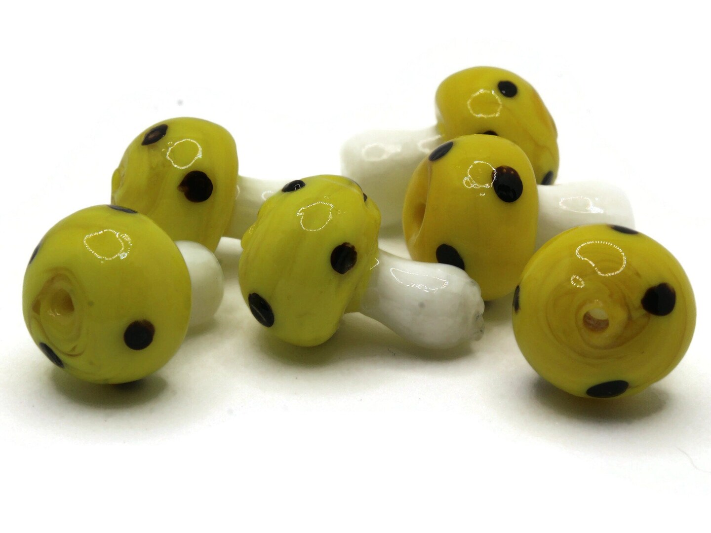 6 19mm Yellow and White Polka Dot Mushroom Lampwork Glass Beads