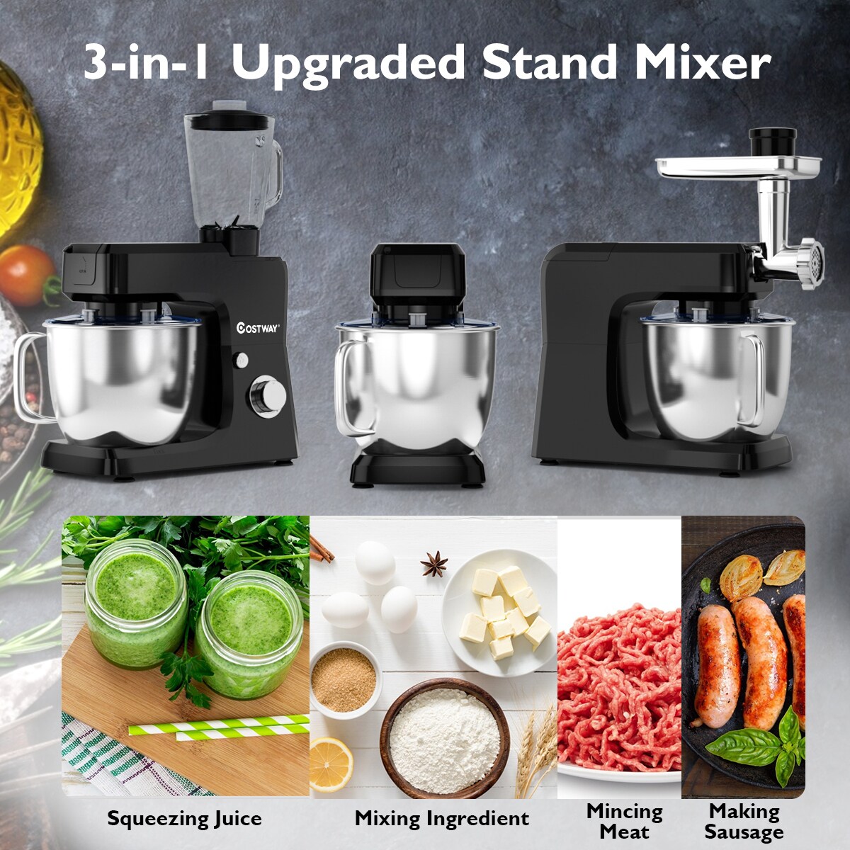 Costway 3 in 1 Multi-functional 800W Stand Mixer Meat Grinder Blender Sausage Stuffer BlackRed